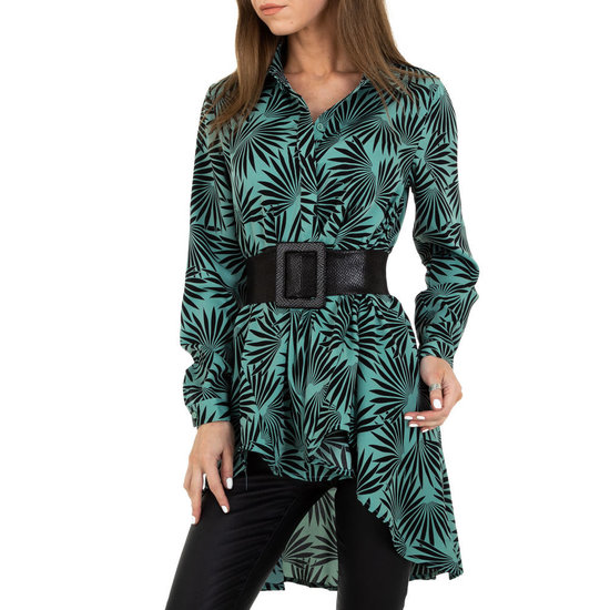 Trendy zwart-groene longblouse met gordel.