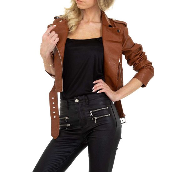 Stylishe korte bruine leatherlook biker jacket.