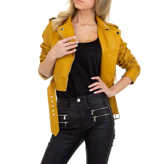 Stylishe korte gele leatherlook biker jacket.