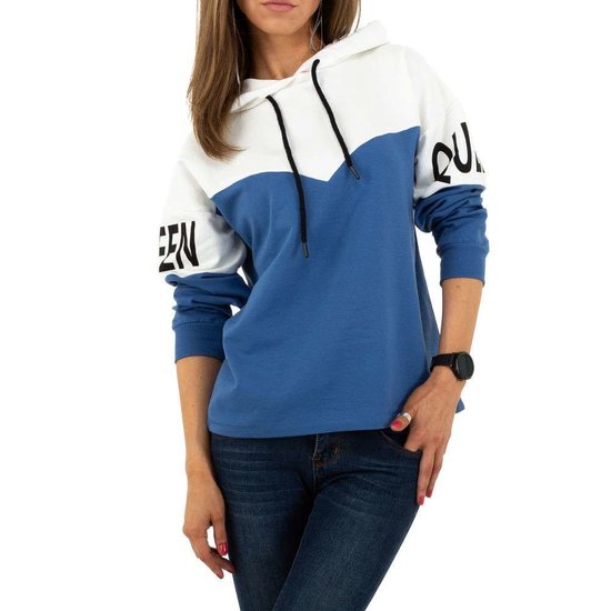 Blauw-witte sweater met opschrift.