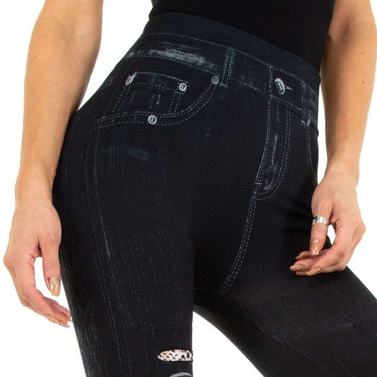 Zwarte-beige legging in jeans destroyed look.
