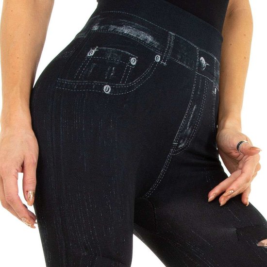 Zwarte-bruine legging in jeans destroyed look.