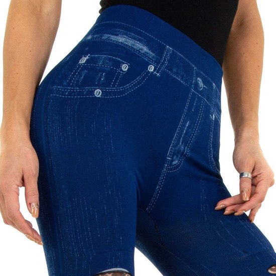 Blauwe-bruine legging in jeans destroyed look.