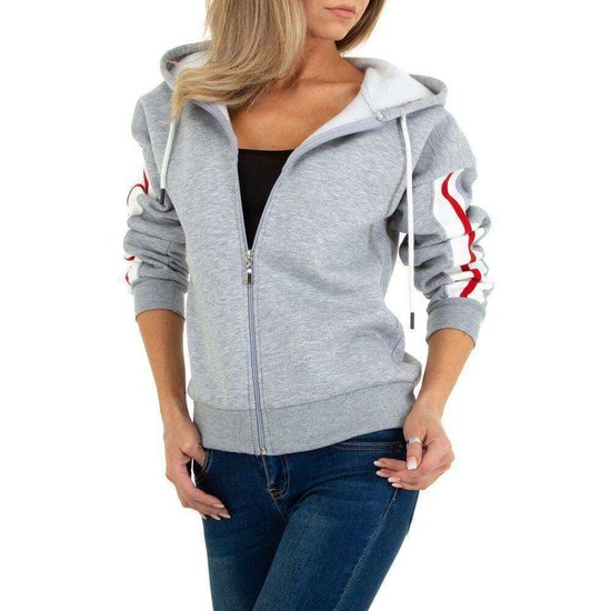 Sportieve grijze sweater met contrast kleurige band.