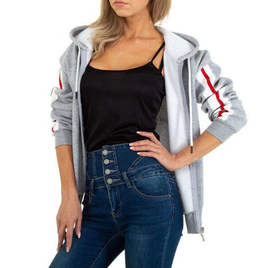 Sportieve grijze sweater met contrast kleurige band.