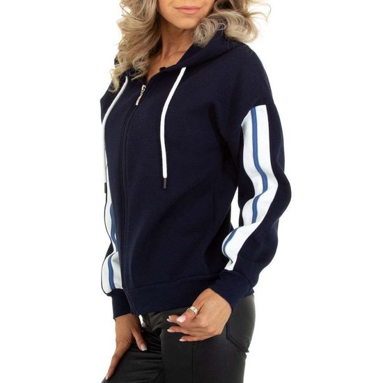 Sportieve donker blauwe sweater met contrast kleurige band.