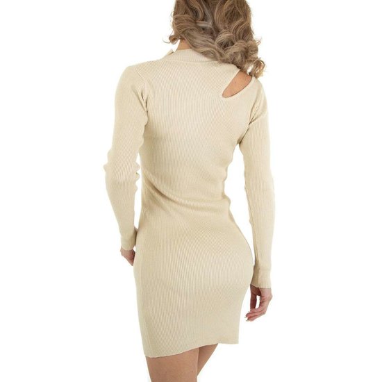 Beige ribgebreide bodycon truijurk met uitsnijding.