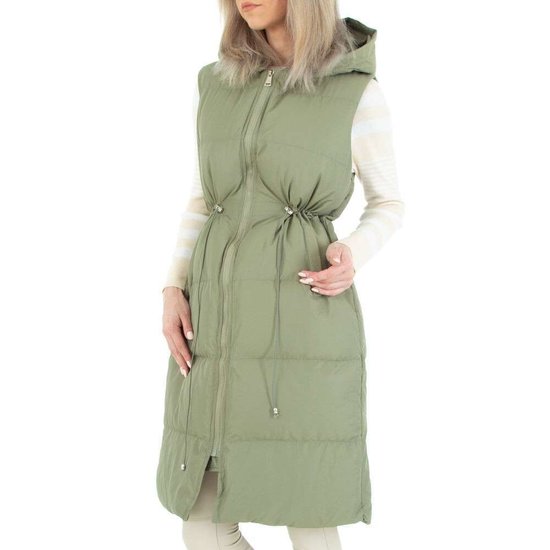 Kaki-groene midi gewatteerde bodywarmer.