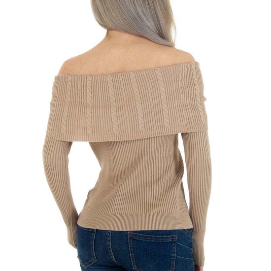 Taupe pullover shoulders off.