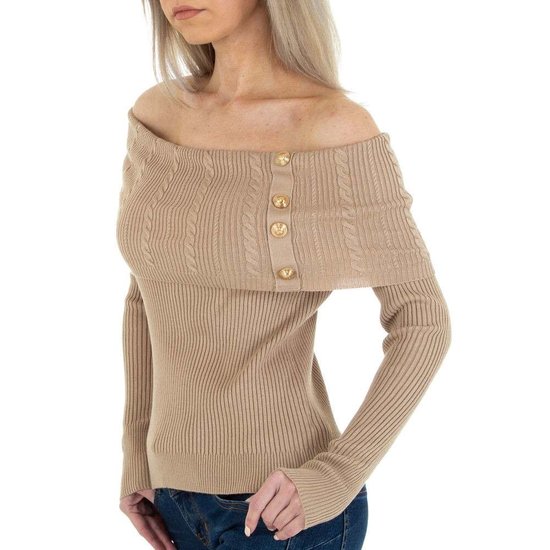 Taupe pullover shoulders off.