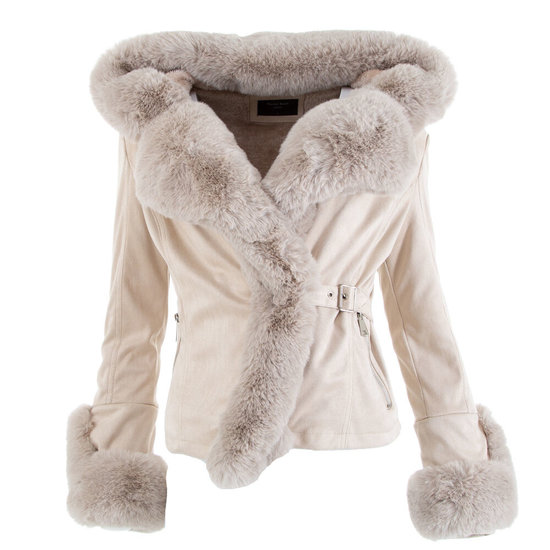 Beige korte jas met pels in vegan leather.
