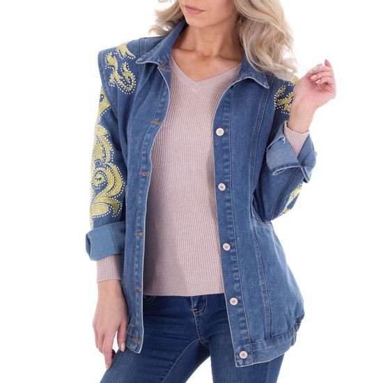 Trendy blauwe jeans vest met gele versiering.