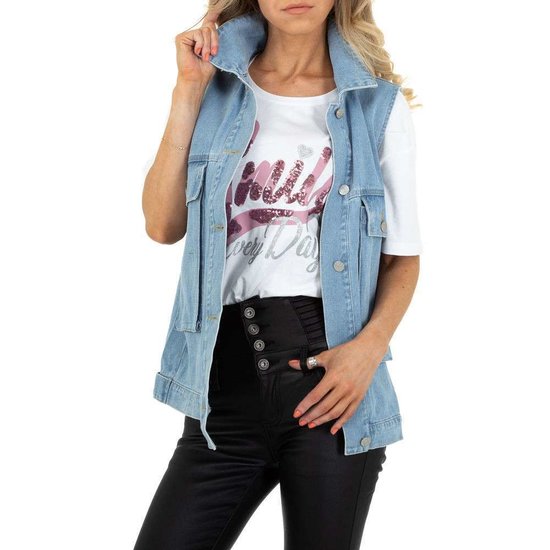 Trendy blue jeans vest zonder mouwen.