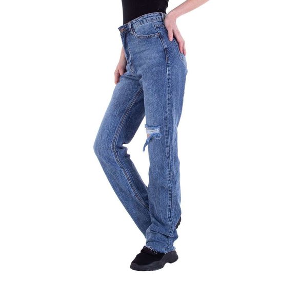 Trendy blauwe straight leg jeans destroyed.