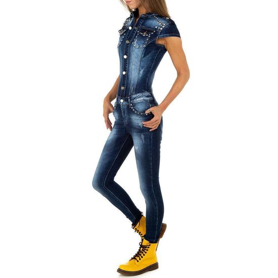 Fashion mouwloze jeans jumpsuit in used look.