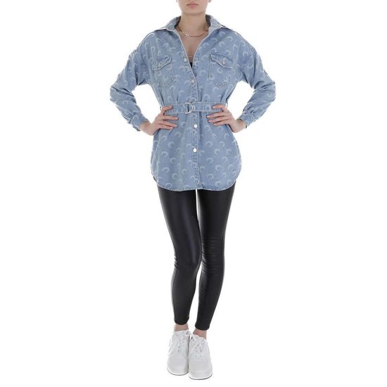 Korte blauwe jeans jacket met print.