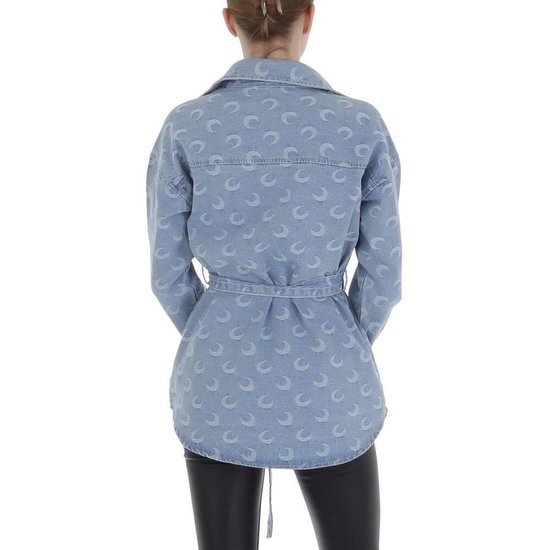 Korte blauwe jeans jacket met print.