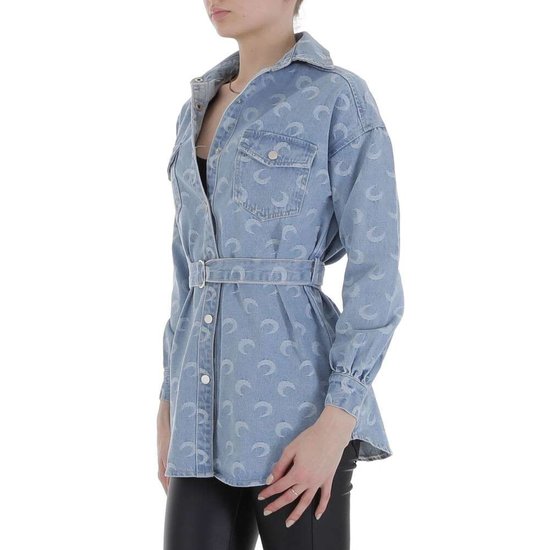 Korte blauwe jeans jacket met print.