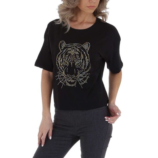 Zwarte T-shirt met tijgerprint.