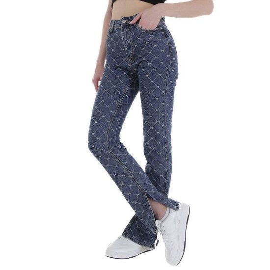 Trendy blauwe straight leg jeans met ruit motief.