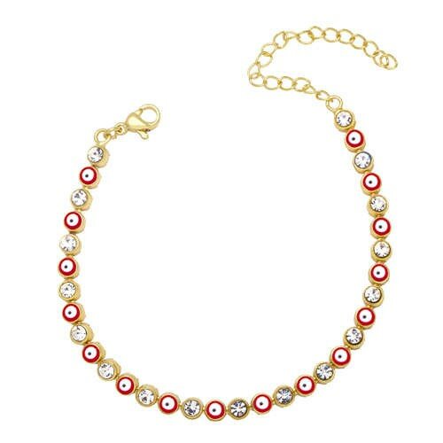 Goldplated armband met rode beads en zirconia steentjes.