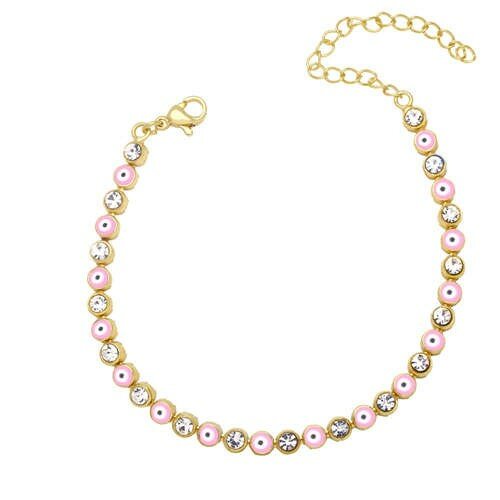 Goldplated armband met rose beads en zirconia steentjes.