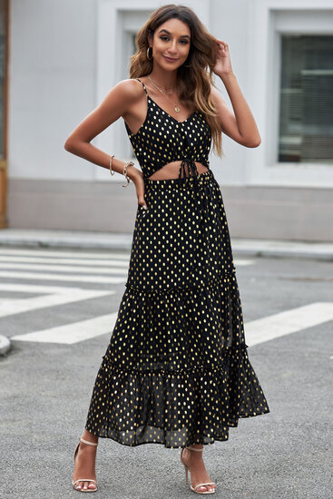 Zwarte lange boho cut out jurk met dots