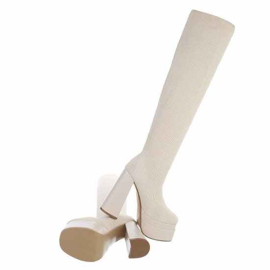 Hoge beige overknee mixed textiel laars Aryana.