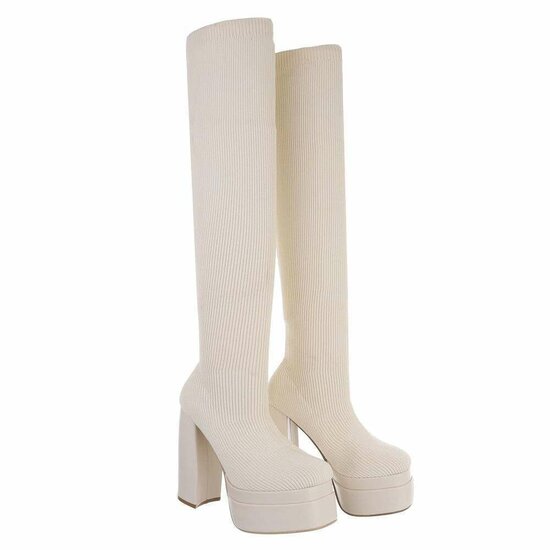 Hoge beige overknee mixed textiel laars Aryana.