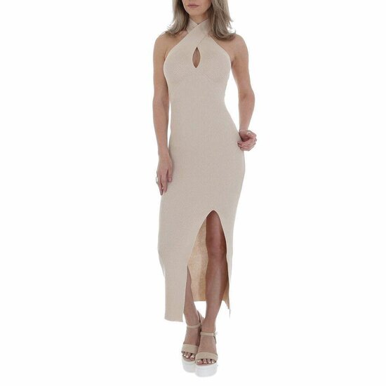 Beige 3/4 bodycon jurk met split.