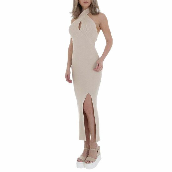 Beige 3/4 bodycon jurk met split.