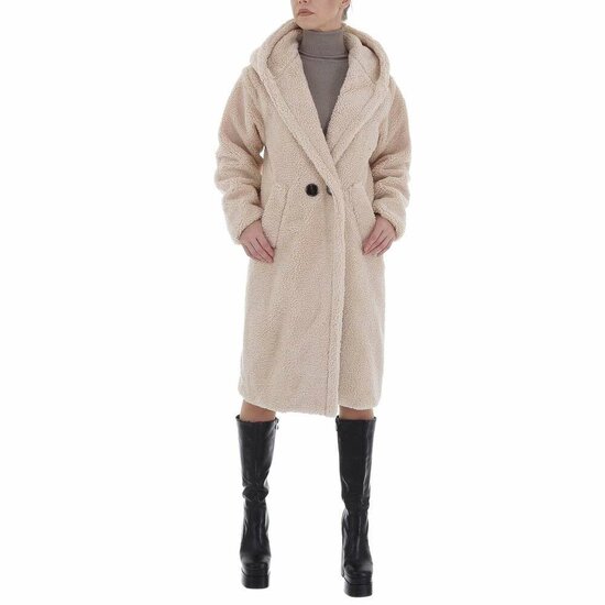 Modieuze midi beige jas in teddyfleece.