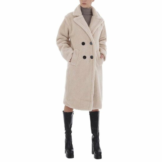 Stylish midi beige jas in teddyfleece.