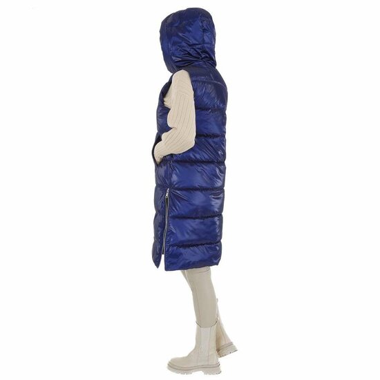 Blauwe midi bodywarmer met glans.
