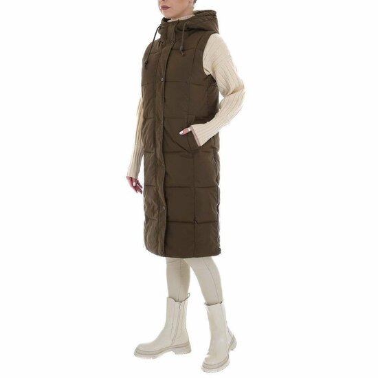 Modieuze kaki bruine midi bodywarmer.