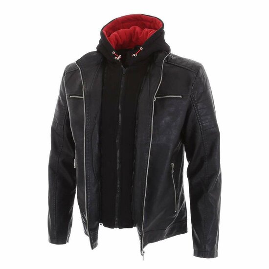 Zwart-rode leatherlook heren jacket met opstaande kraag.