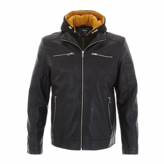 Zwart-gele leatherlook heren jacket met opstaande kraag.