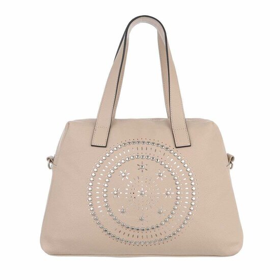 Trendy taupe middelgrote schoudertas met deco.