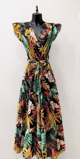 Mixed tropical chique armloze maxi wikkeljurk met print.