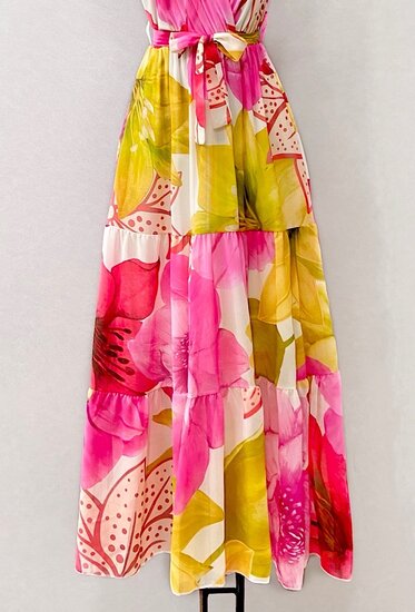 Mixed fuchsia chique armloze maxi wikkeljurk met print.SOLD OUT