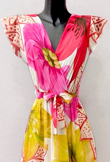 Mixed fuchsia chique armloze maxi wikkeljurk met print.SOLD OUT