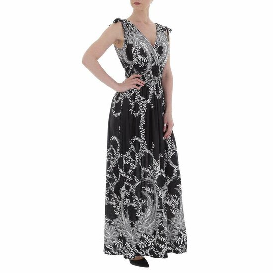 Zwarte armloze maxi jurk met print.