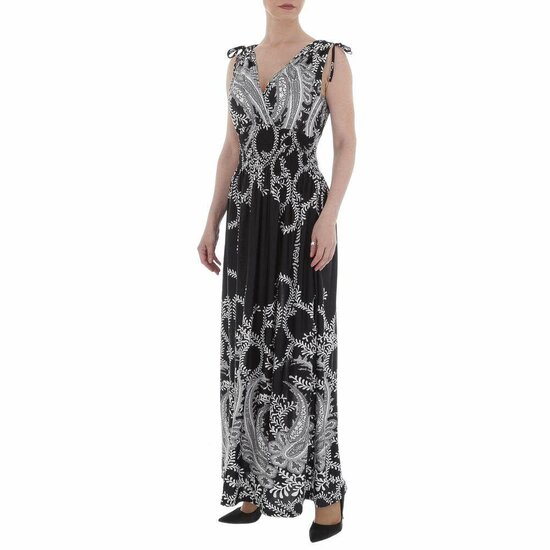 Zwarte armloze maxi jurk met print.