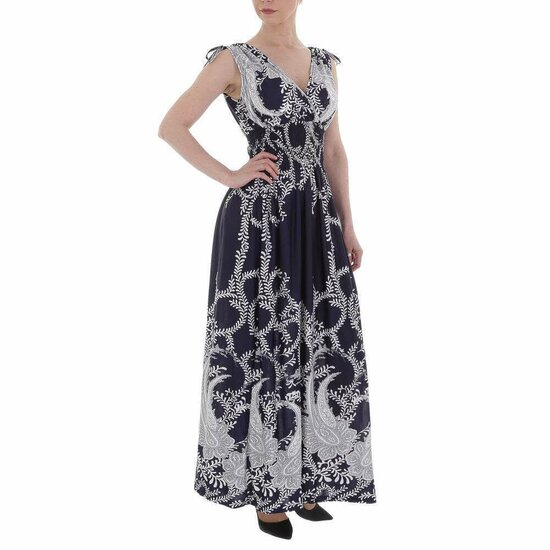 Donker blauwe armloze maxi jurk met print.