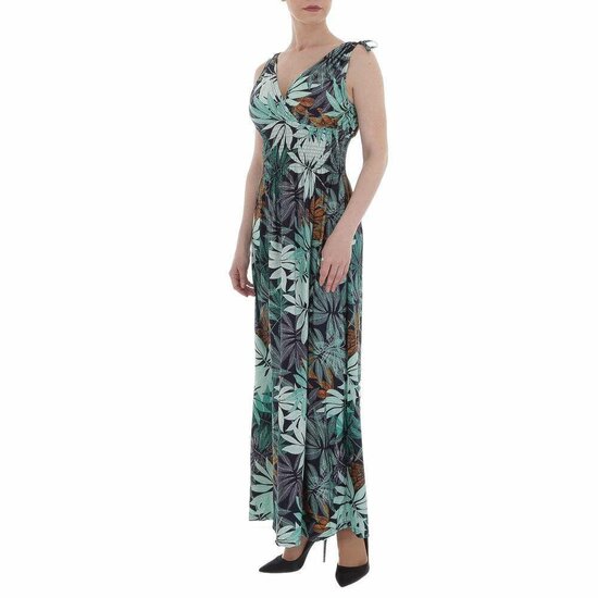 Donker groene armloze maxi jurk met tropical print.