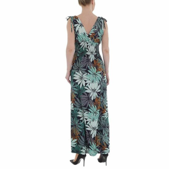 Donker groene armloze maxi jurk met tropical print.