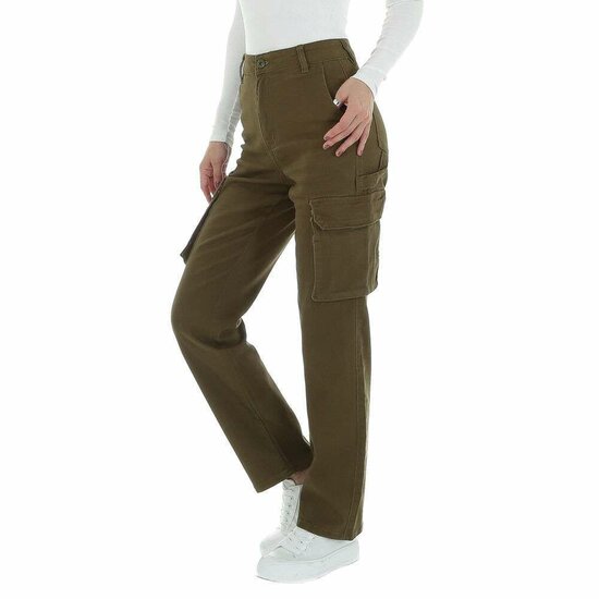 Trendy kaki high waist cargo jeans broek.