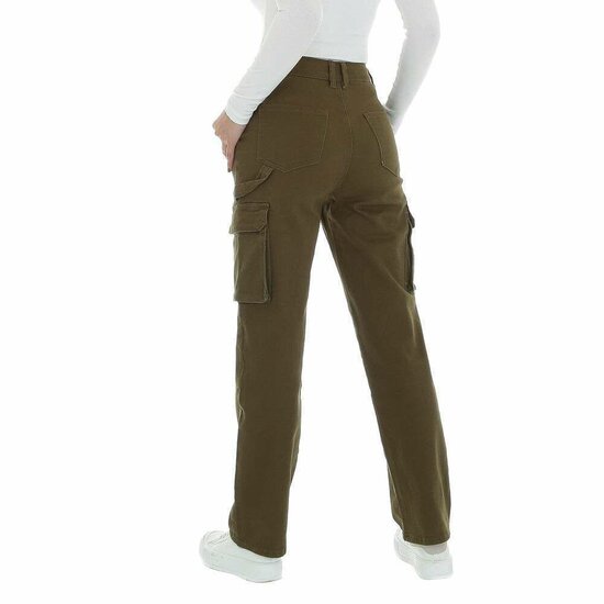 Trendy kaki high waist cargo jeans broek.