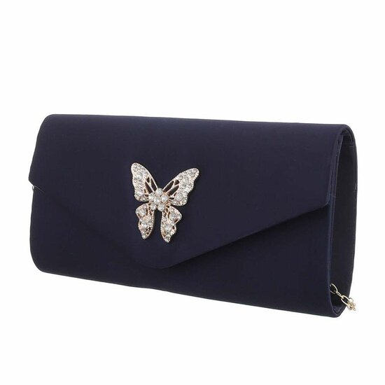 Donker blauwe satijnen clutch bag met vlinder