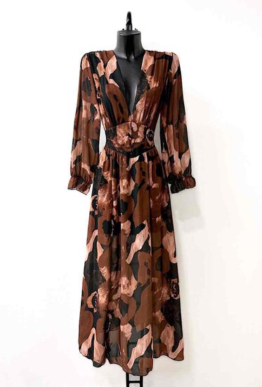 Sierlijke bruine mixed maxi jurk met motief